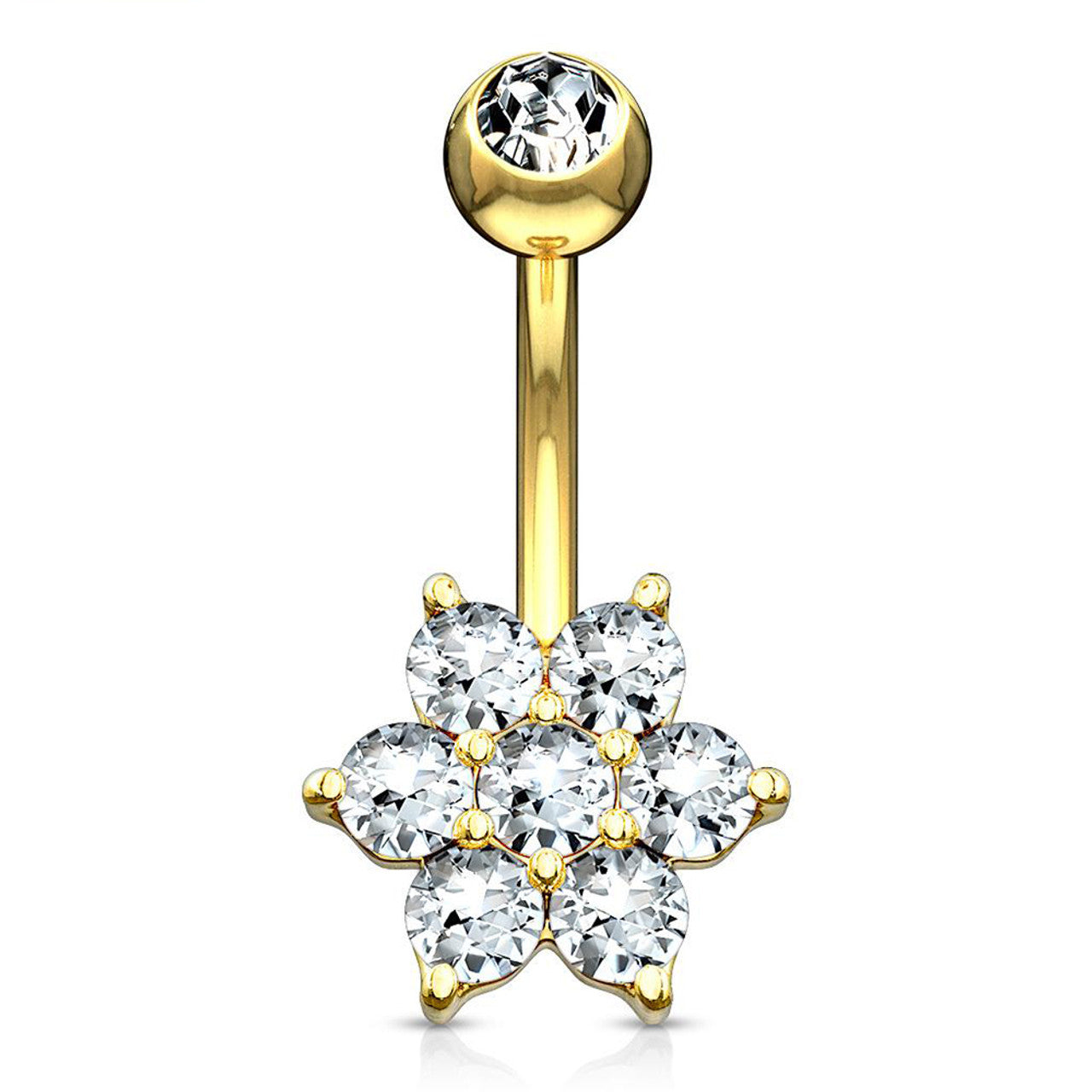 14K Gold Flower Clear CZ Navel Belly Button Ring